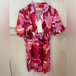 NWT Ciebon Pink Orange Floral Romper 70’s Pattern with Pockets Size Small